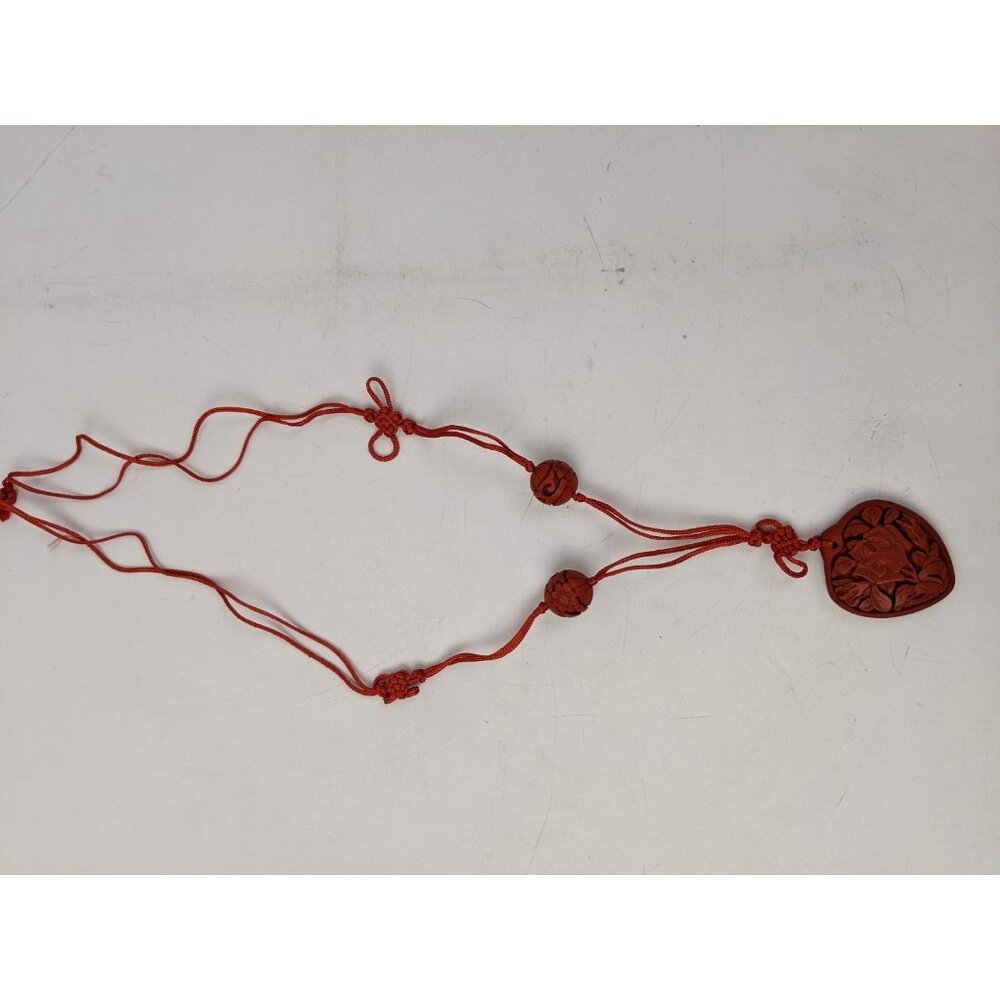 Vintage Cinnabar Carved Floral Heart Pendant Necklace - Picture 5 of 8
